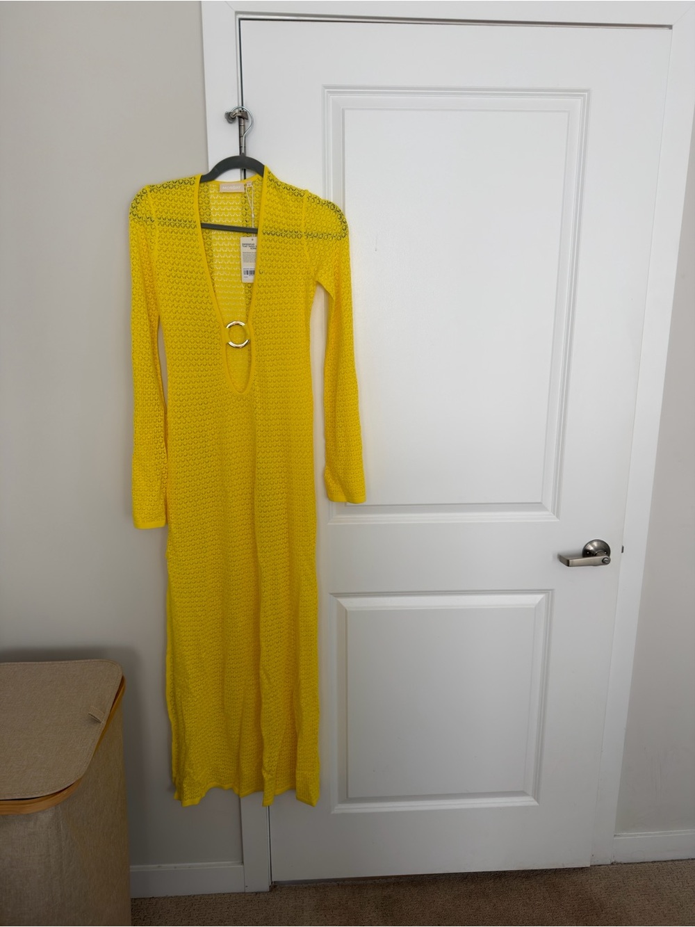 Monday swimwear Yellow Long Sleeve Crochet Maxi Dress with Ring Detail
